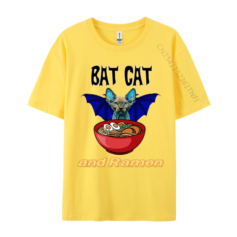 Bat Cat Ramen Funny Sphynx Hairless Bald Kitten Noodle Group T-shirts Brand New Hip hop Cotton Men's Tops Shirts Custom Shirt