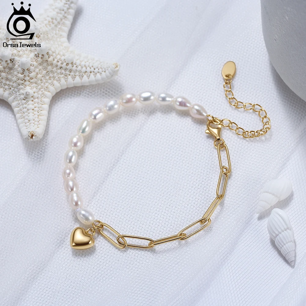 

ORSA JEWELS браслет-цепочка из стерлингового серебра 925 пробы с скрепками и высококачественным пресноводным жемчугом в форме сердца, браслет-подвеска GPB17