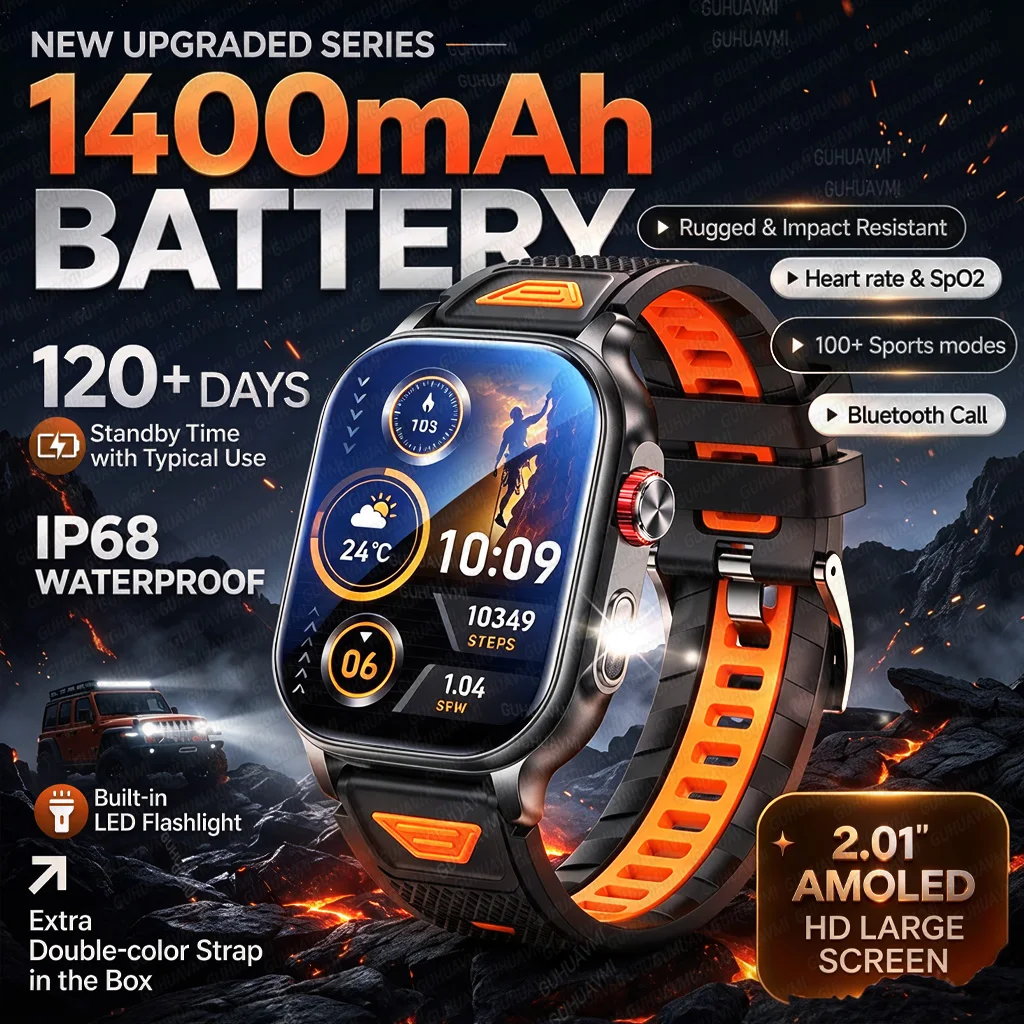 2026New 1400mAh Large Battery Smart Watch HD AMOLED 24/7 Fitness Tracker Bluetooth Call LED Flashlight Outdoor Sports Smartwatch