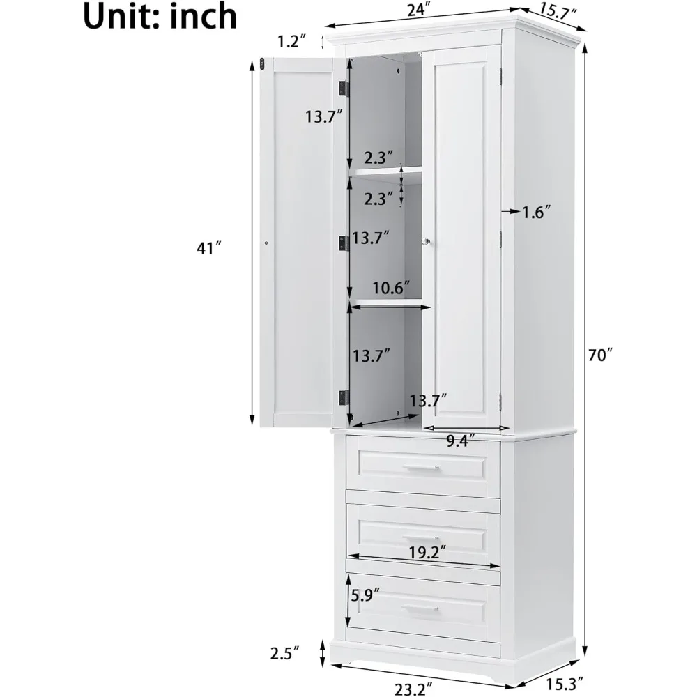 Tall Storage Cabinet with 3 Drawers, 3-Tier Adjustable Shelves & 2 Doors, Floor Freestanding Linen Cabinet for Bathroom