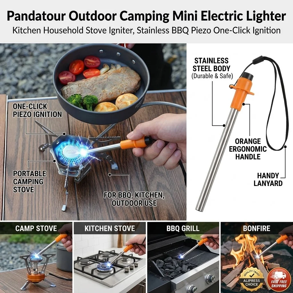 Pandatour Outdoor Camping Mini Electric Lighter Kitchen Household Stove Lgniter Stainless BBQ Piezo One Click Ignition
