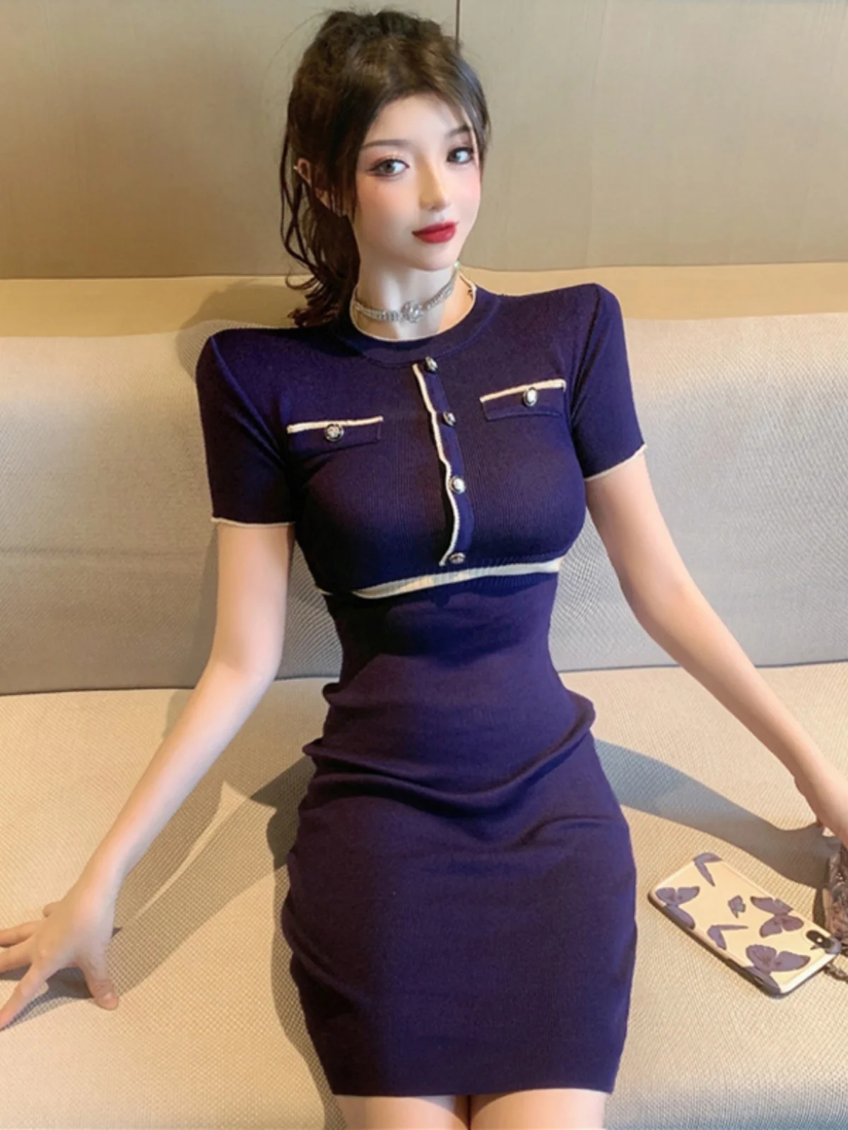 Vestido retrô f em tricô, estilo envelope, modelagem slim, camada base, novidade de primavera, saia lápis de cintura a...