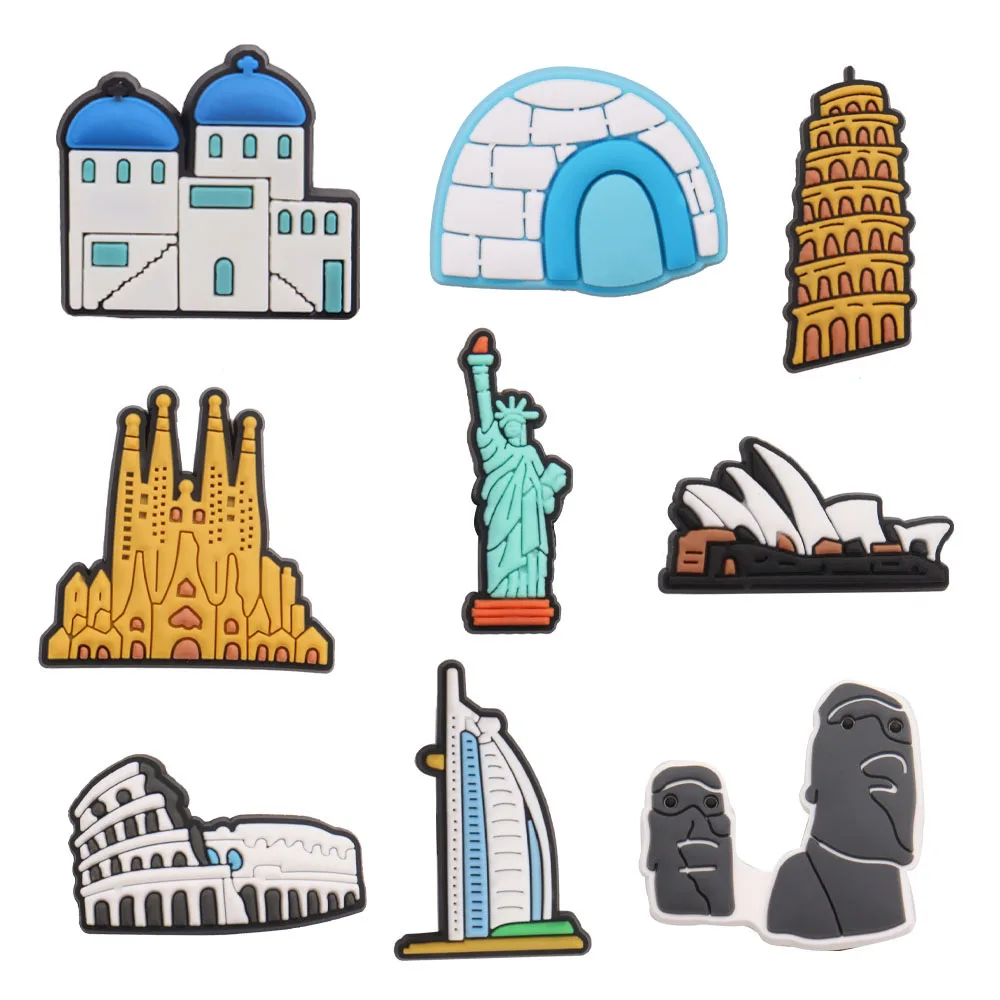 

Wholesale 50Pcs World Historic Sites Tower PVC Adulr Shoes Charm Decoration Buckle Accessories DIY Backpack