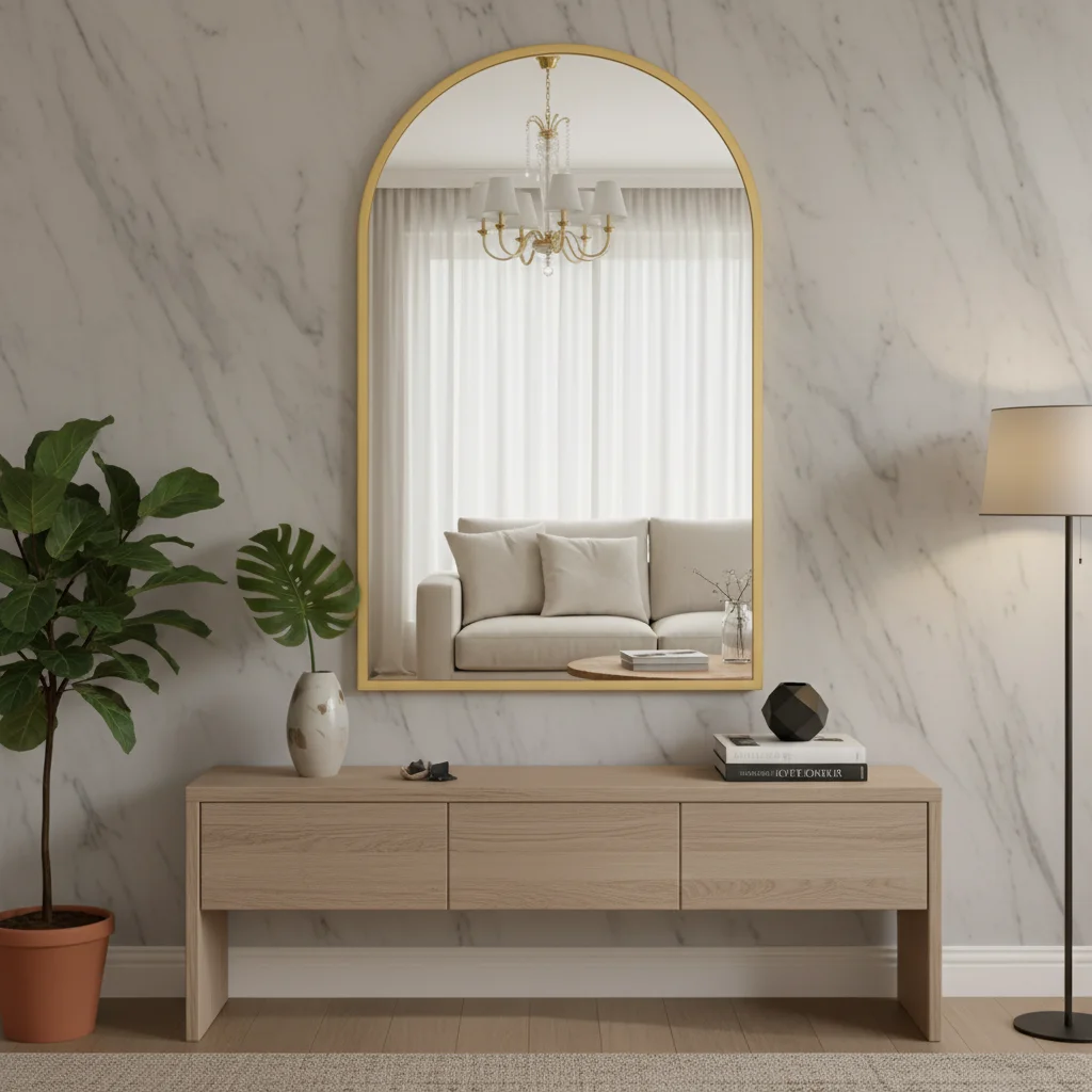 مرآة حمام ذهبية مقوسة مقاس 26 × 38 بوصة، ديكور حائط عصري أنيق، مثالي للمساكن أو الشقق أو المنازل #1