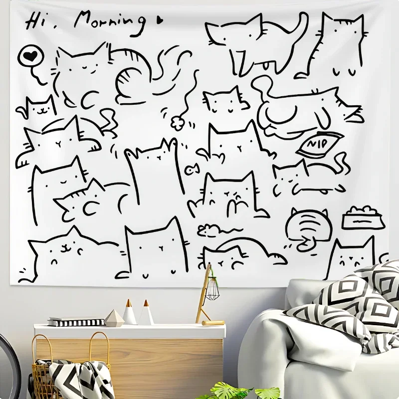 Doodle Cat Bear Tapestry Cute Minimalist Wall Hanging for Bedroom Living Room Dorm Aesthetic Kids Home Decor