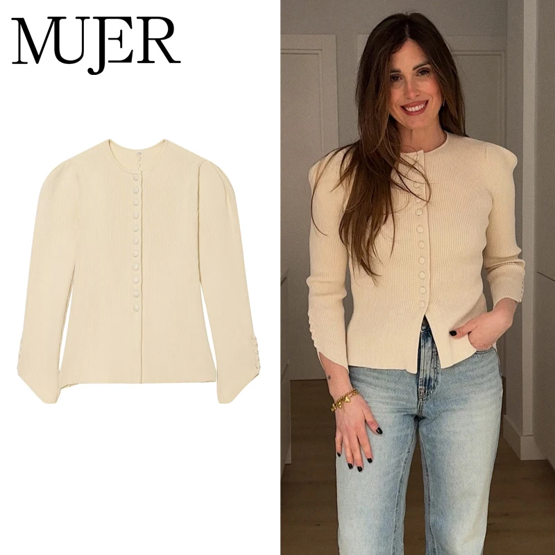 Cárdigan de Punto MUJER 2026, Suéter de Mujer con Mangas Abullonadas, Cárdigan de Verano a la Moda para Mujer, Top con Botones