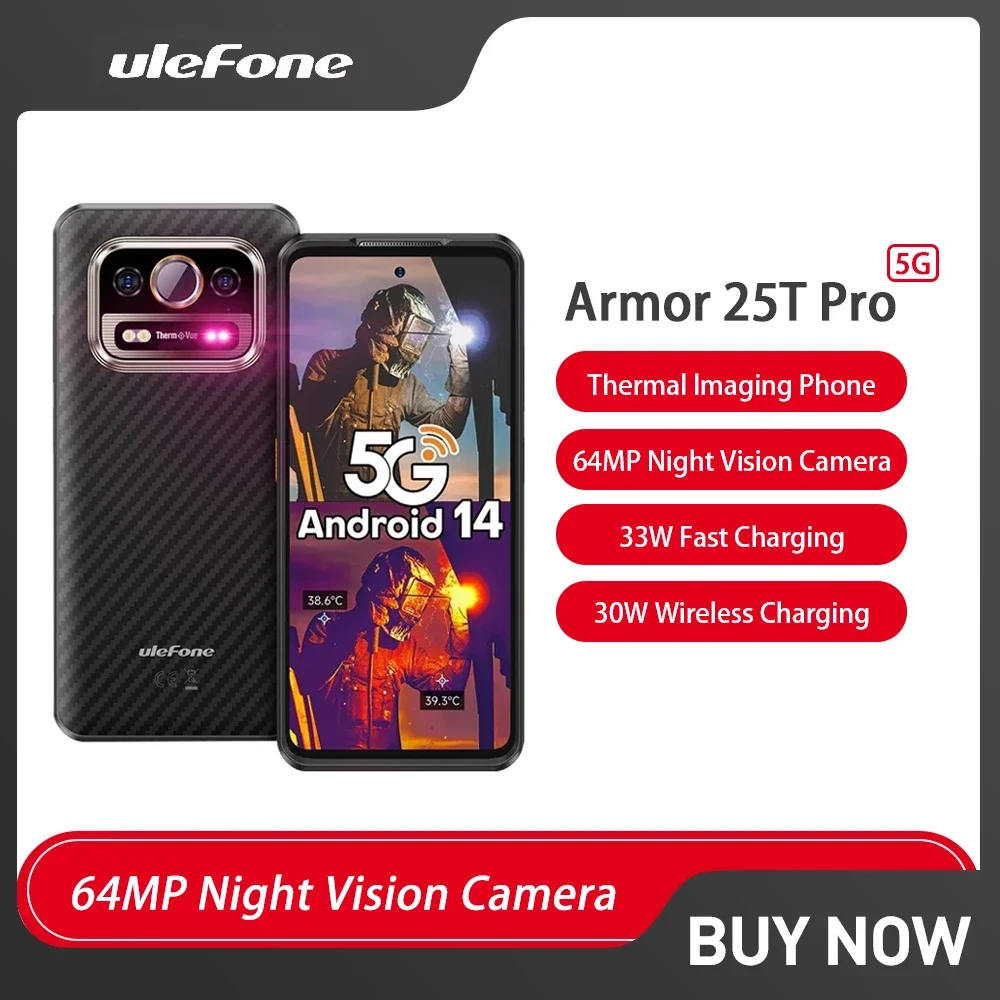 Ulefone-teléfono inteligente Armor 25T Pro 5G, resistente al agua, con imagen térmica, 33W, 50MP + 64MP, NFC, Android 14