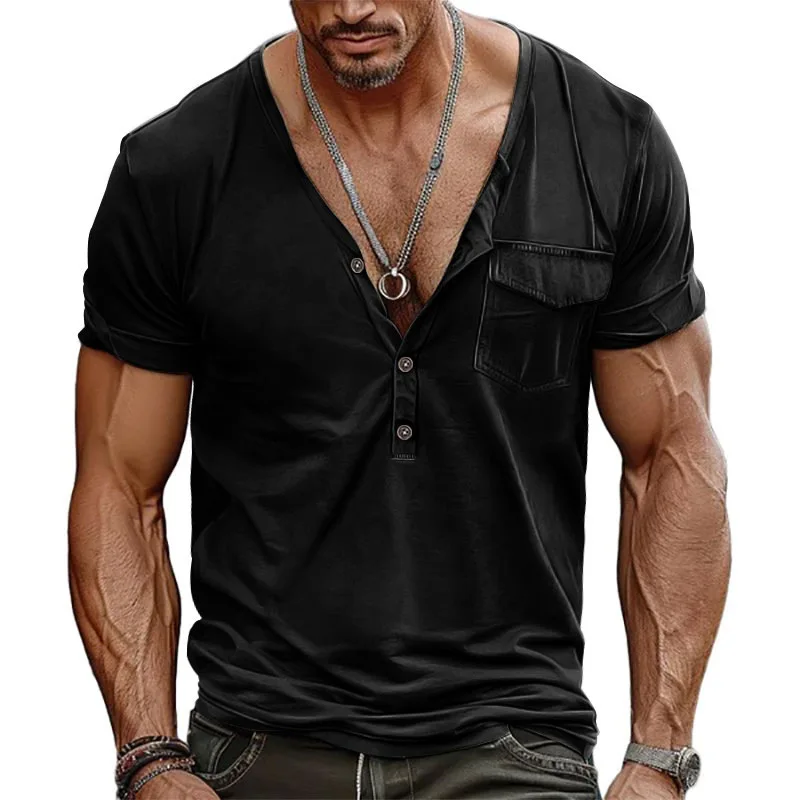 Men's V-neck Henley Shirt 2026 Summer Retro Loose Pocket Short Sleeve T-Shirt Fashion Casual Daily Wear Tops For Men