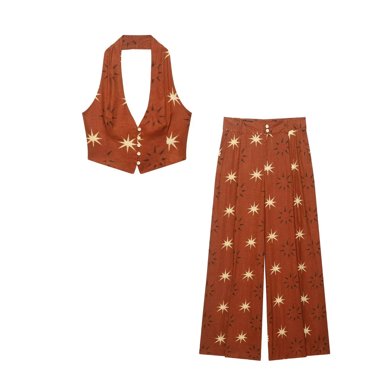 

Geometric Graphic Print 2 Piece Set Women V-neck Single Breasted Cropped Halter Tops Summer High Waist Wide Leg Pants Sets New