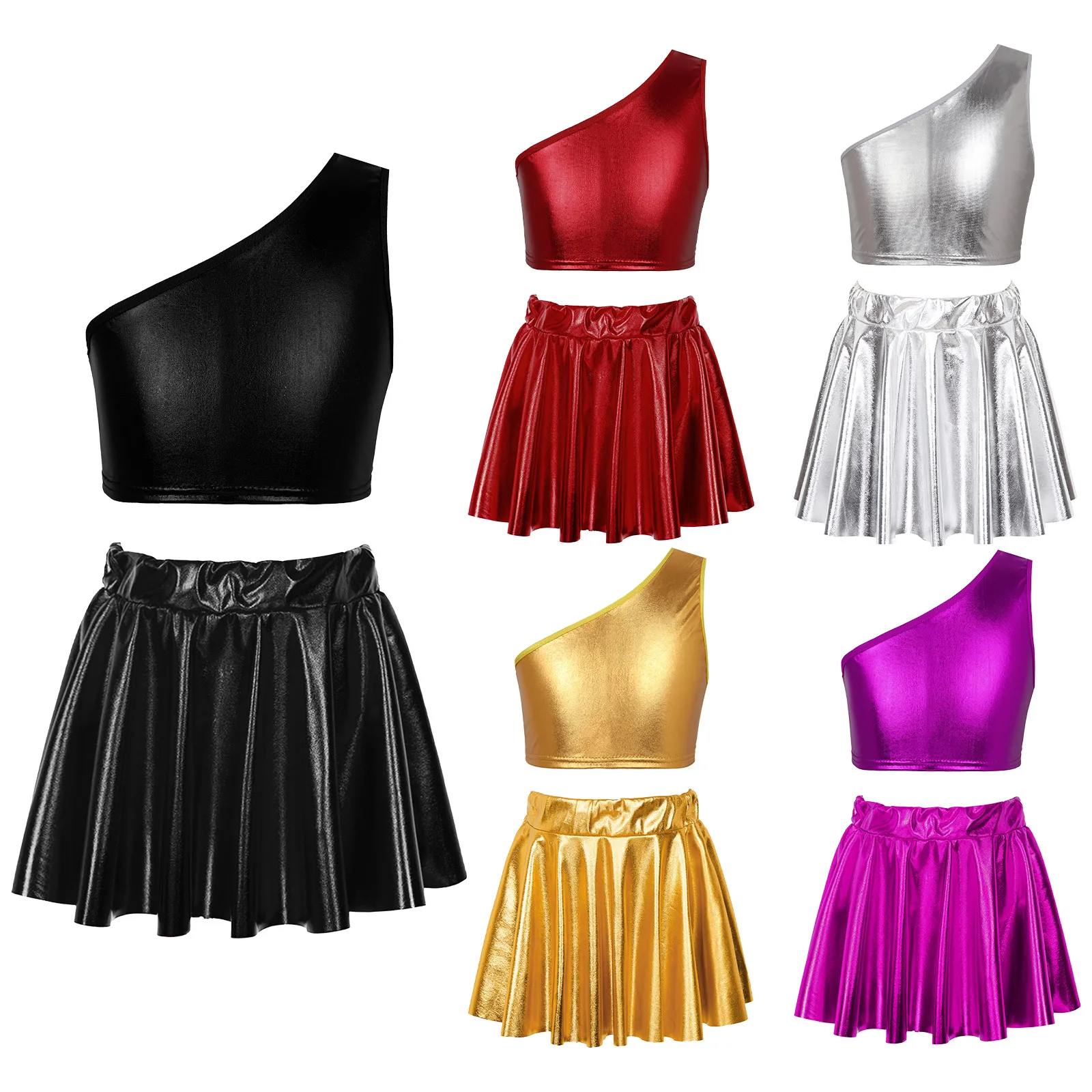 Kids Girls Jazz Dance Costume Outfit 2023 Shiny Metallic Tank Crop Tops with Skirt for Ballet Dance Streetwear Stage Performance