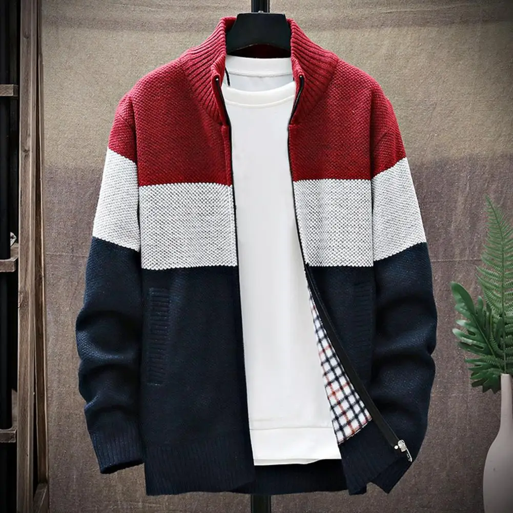 

Knitted Men Jacket Men's Stand Collar Plush Sweater Coat with Zip-up Closure Pockets for Autumn Winter Wear Men Sweater Coat