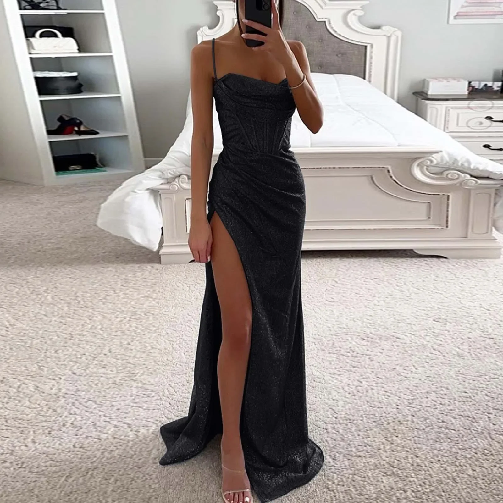 BWQ Elegante Zachte Lichtblauw Lange Avond Prom Jurk Vrouwen Sexy Pailletten Hoge Splitten Spaghettibandjes Jurk Afstuderen Toga
