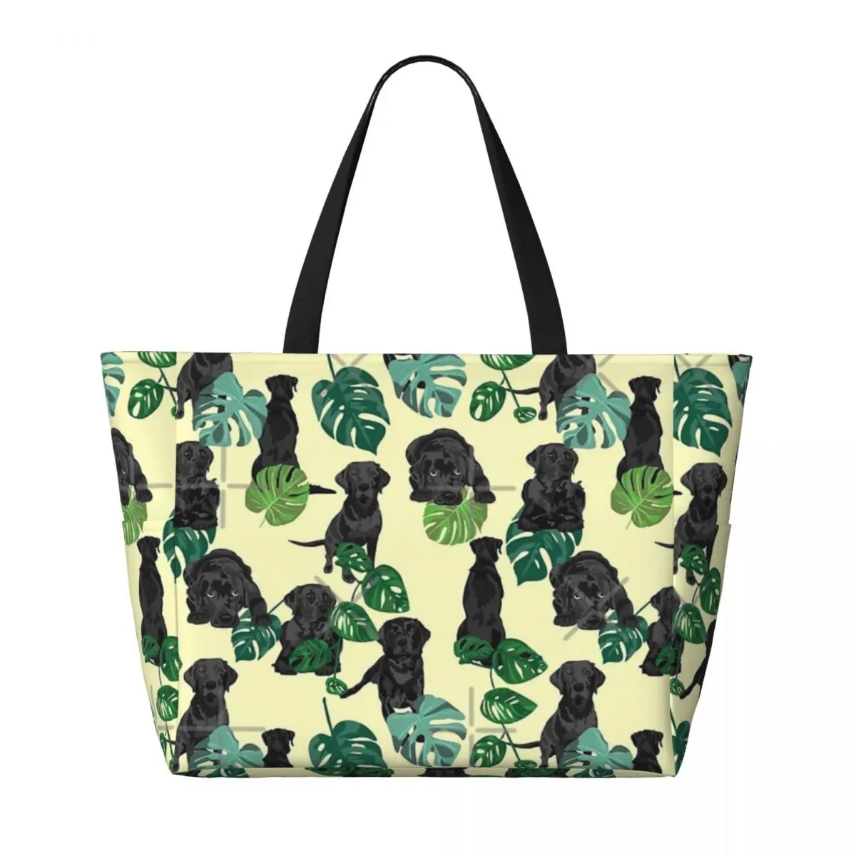 Borsa da viaggio da spiaggia tropicale Labrador nera, borsa da viaggio Shopping retrò regalo di compleanno quotidiano modello Multi-stile