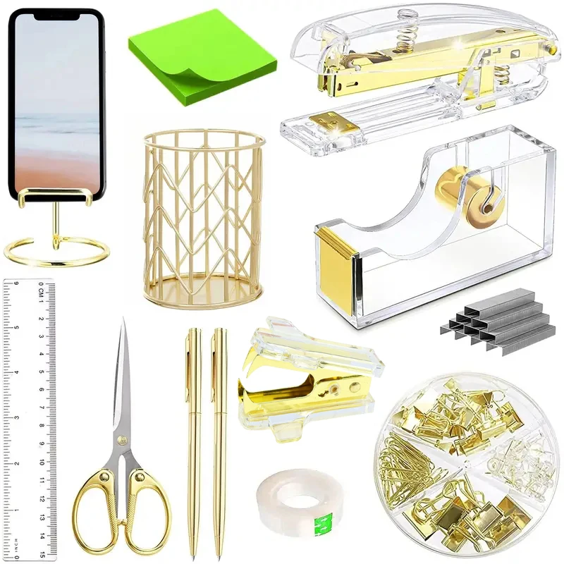 Rose Golden Desk Accessories Acrylic Stapler Staples Remover Tape Holder Pen Holder Ballpoint Pen Scissors Binder Staples Phone