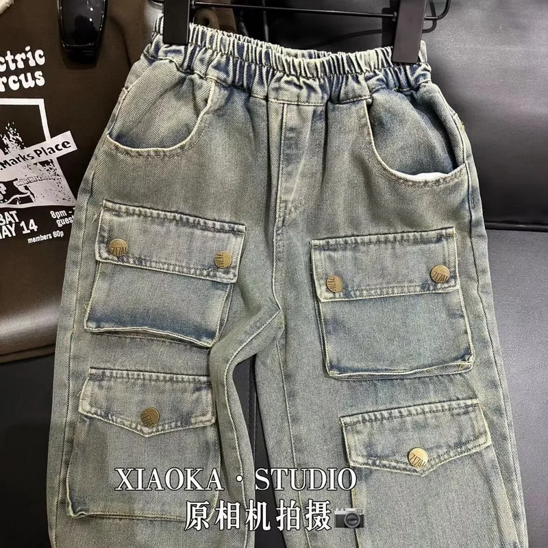 Boys Baggy Jeans Wide Leg Unisex Streetwear Hip Hop Dance Pants Loose Multi-Pocket Cargo Trousers Urban Jogger Street Clothing