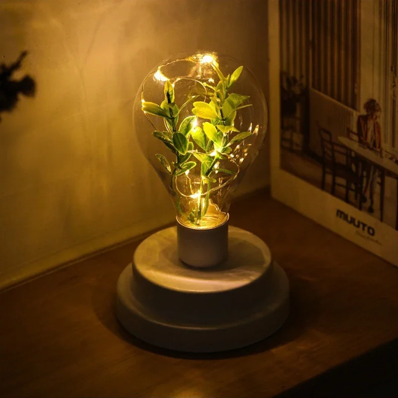 LED a pilhas Green Plant Night Lamp, Luzes de fio de cobre para desktop, cabeceira, Quarto infantil, Decoração de casa