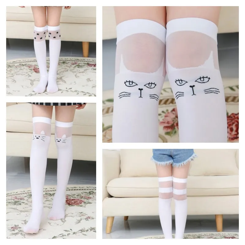 Girls Kids Knee High Socks Stripes Cat Pattern Children Cute Toddler girls socks 10 colors for 2~12 years Baby Long Leg Warm