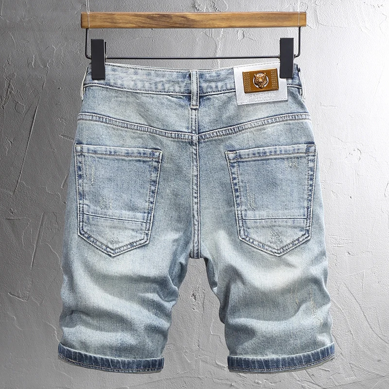 Summer Fashion Men Jeans Retro Light Blue Stretch Slim Fit Ripped Short Jeans Homme Patched Designer Vintage Denim Shorts Hombre
