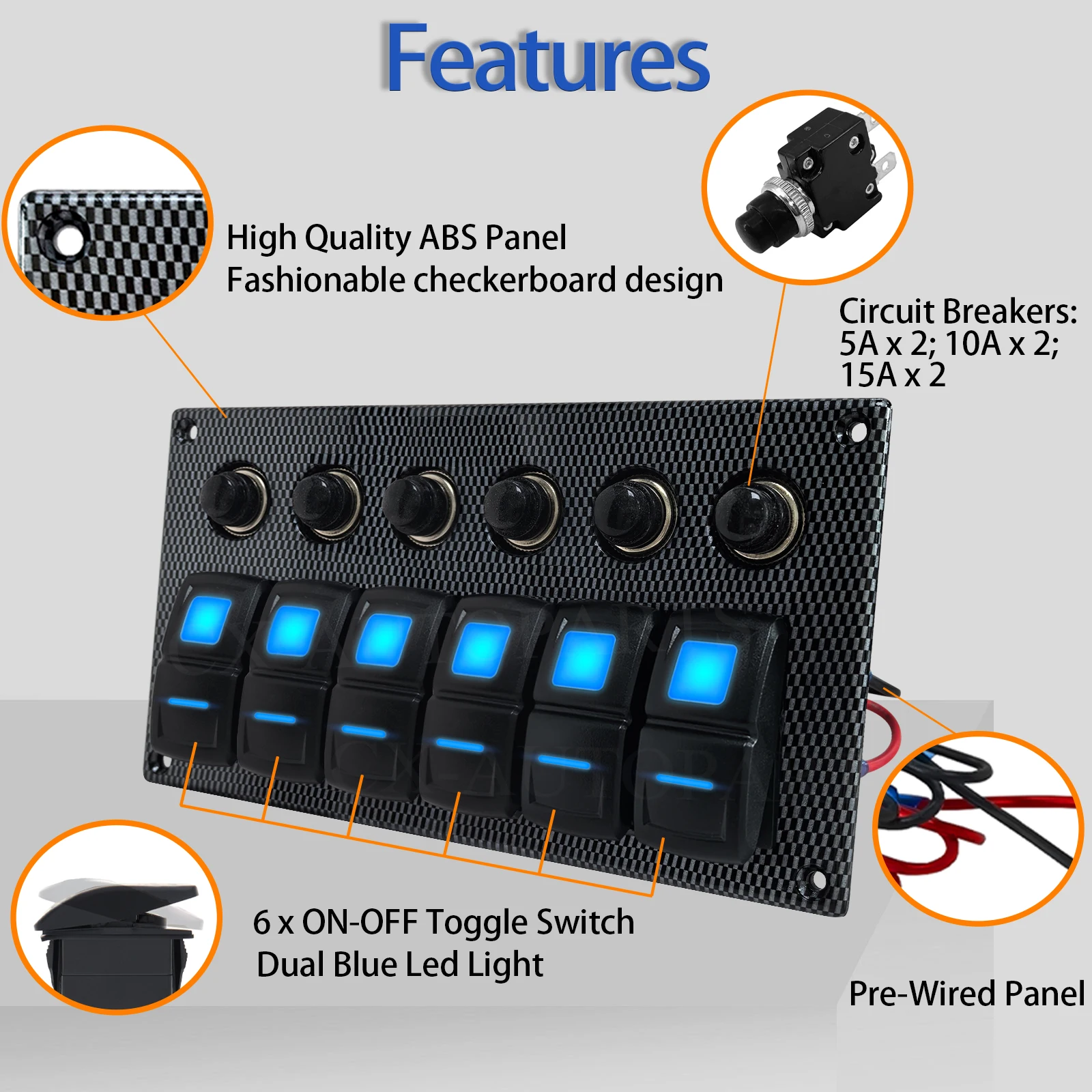 12V 6 Gang Rocker Switch Panel 15A Circuit Breaker 5Pin ON-OFF Toggle Button Blue led For Boat Truck Trailer Yacht Jeep Truck RV