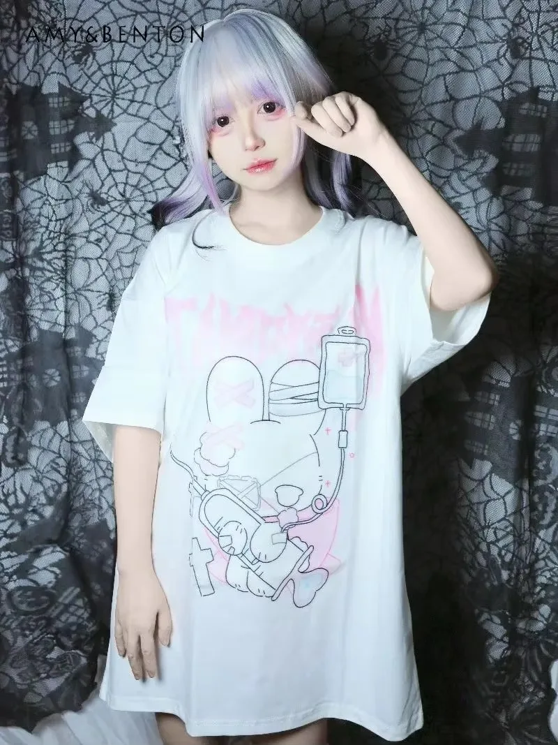 Subculture Anime Cute Print Mass-Produced Dark Gothic Shirts Street Punk Style Oversized T Shirt for Women Summer Short Sleeve