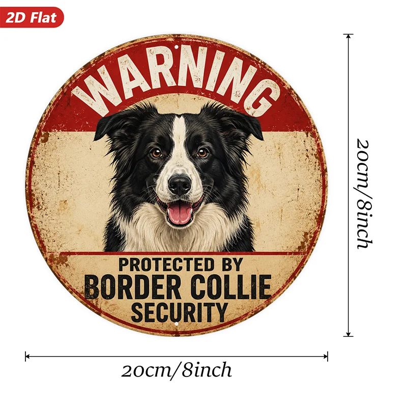 2D Flat, 1pc Border Collie Warning Round Metal Sign Wall Art, Warning Text, Vintage Round Sign Style, Perfect for Bedroom Corner