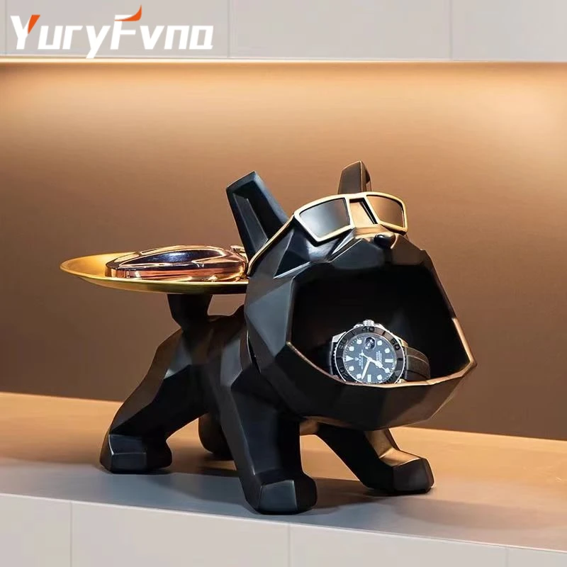 YuryFvna Resin Cool Bulldog Crafts Dog Butler With Tray For Key Holder Storage Jewelries Animal Room Home Decor Statue   Sculptu