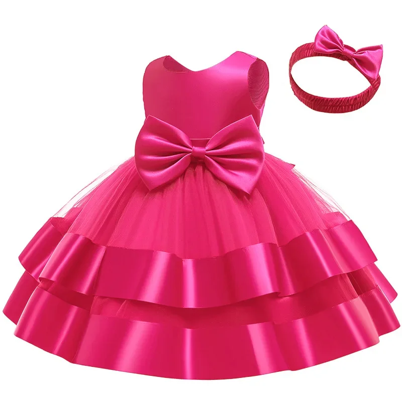 Satin Large Bow Girls Princess Dresses Puff Sleeves Children Vestido Host Wedding Birthday Party Tutu Dress Kids Fashion Clothes