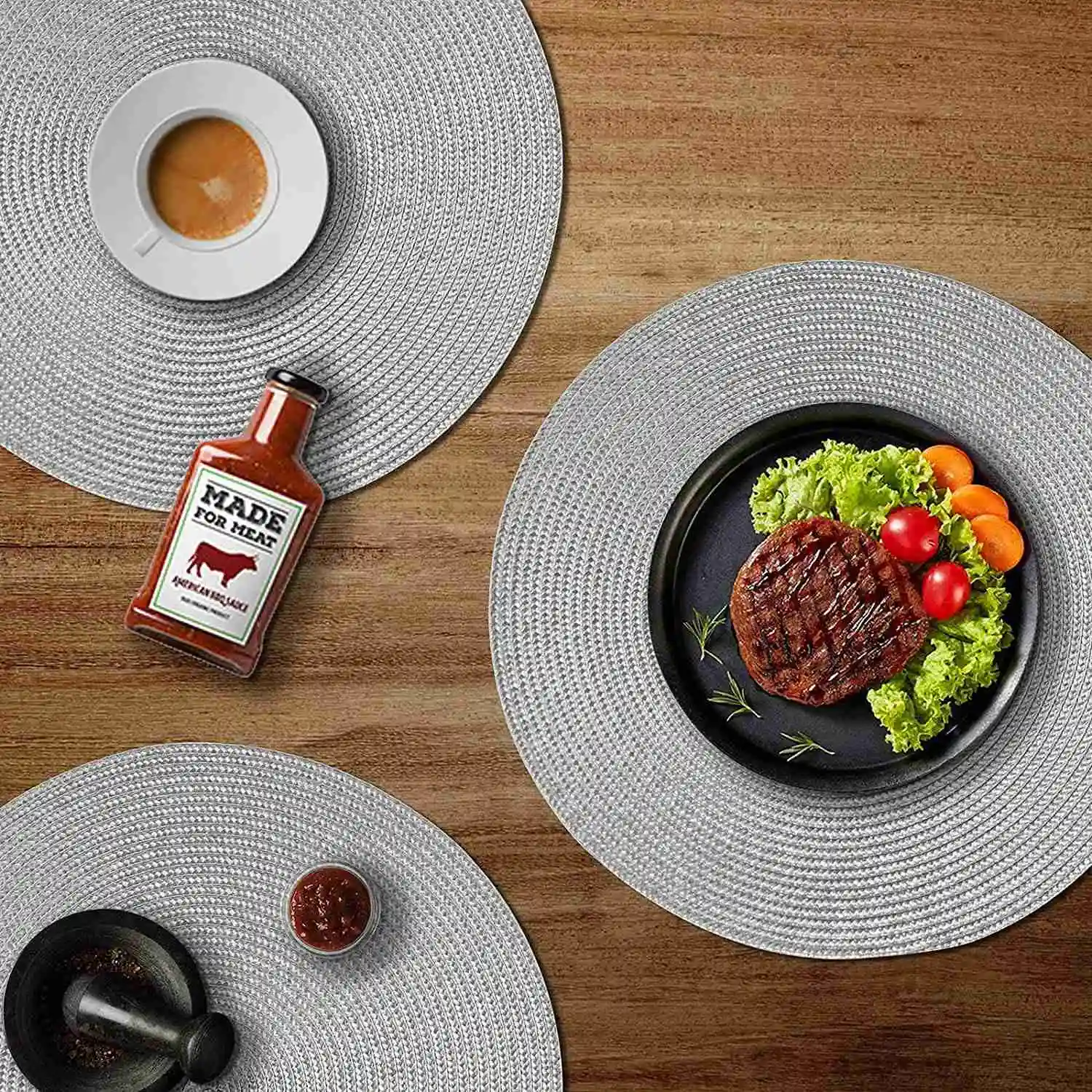 A84X-Round Braided Placemats Set Of 6 Table Mats For Dining Tables Woven Washable Non-Slip Place Mats 15 Inch