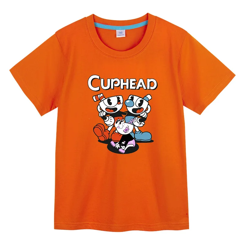

Детская футболка с принтом Cuphead Mugman, футболка для мальчиков и девочек, летняя хлопковая детская модная повседневная одежда, футболки, топы