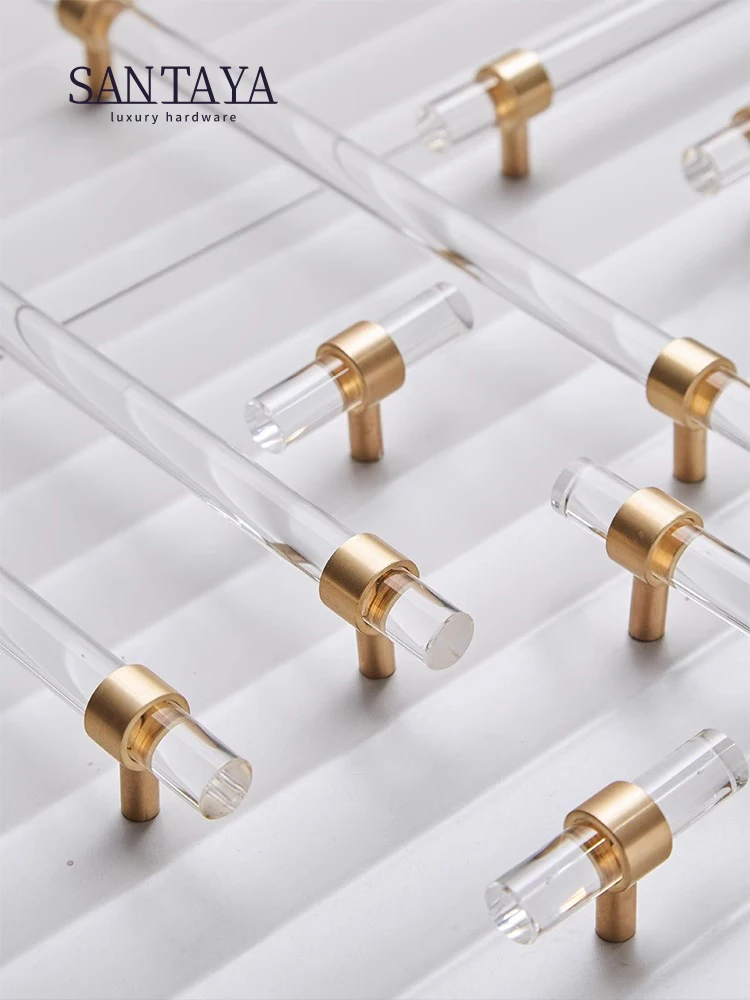 

Brass Transparent Furniture Handles Modern Minimalist Acrylic Silver Gold Wardrobe Cupboards Dresser Drawer Kitchen Knobs