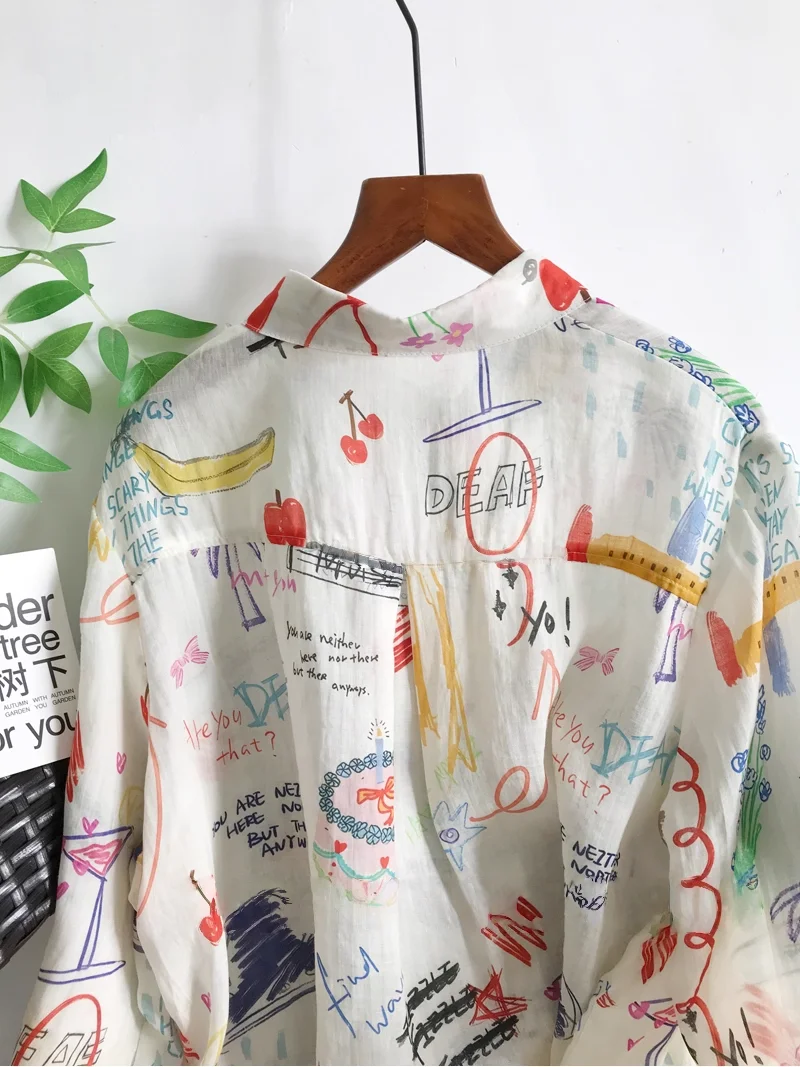 100% ramie linho letras dos desenhos animados imprimir camisas e blusas outono camisas femininas natureza ramie camisa havaiana manga longa topos