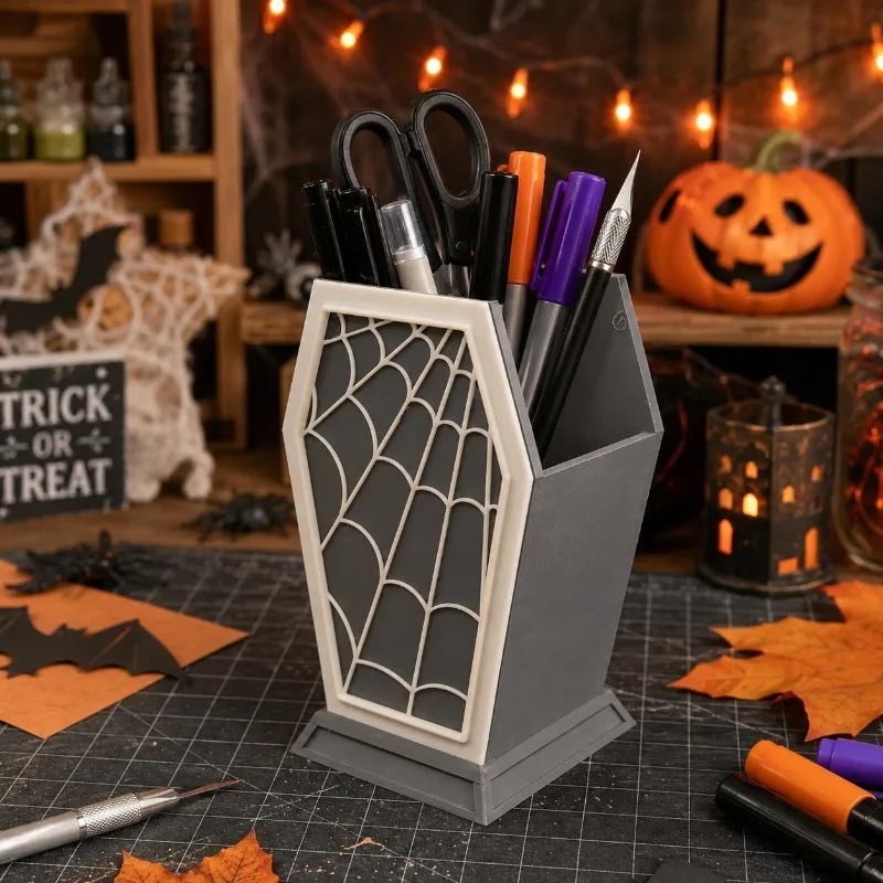 3D Printed Coffin Spider Web Pen Holder Gothic Makeup Brush Organizer Halloween Desktop Storage Box Decor Gift