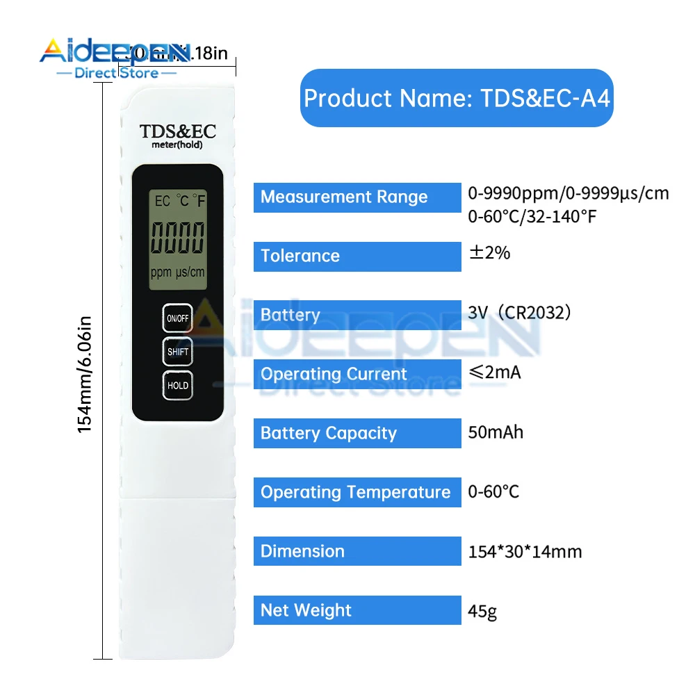 Water Quality Tester Digital Tool TDS&EC Temperature 0-9990 ppm Aquariums Pool Tester Hardness Meter TDS/EC/TEMP Test Tool