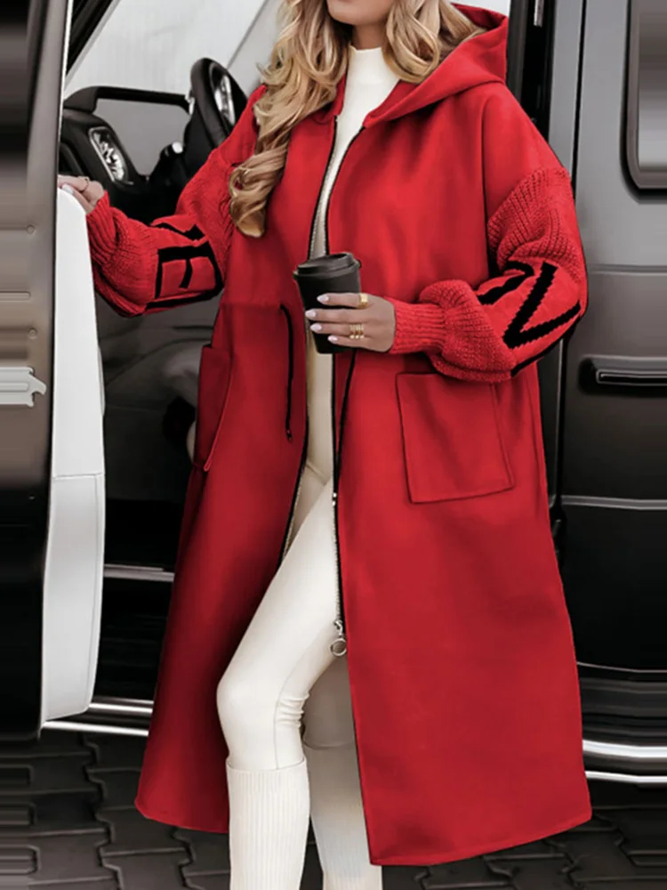 New Autumn Winter Hooded Patchwork Outerwear, Women Long Sleeve Zipper Maxi Jackets, 2024 Lace-Up Casual Ladies Coats Streetwear
