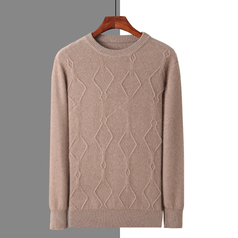 

100% mink cashmere men's round neck sweater in autumn and winter Korean version of thickened loose pullover bottoming knit top