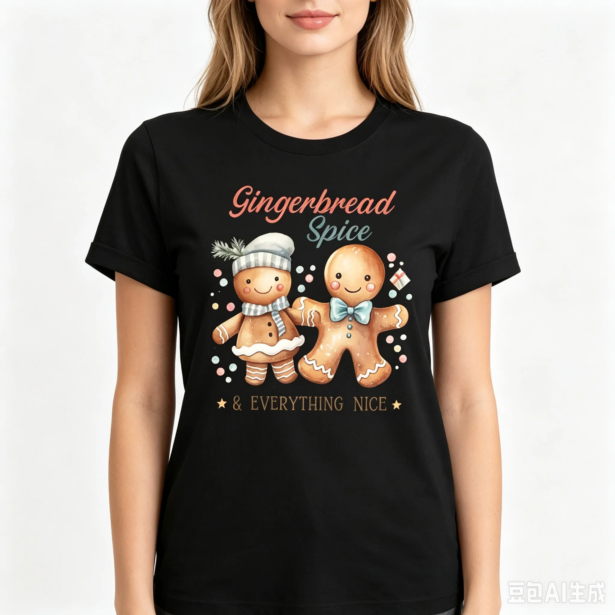 Cotton 100% Women Gingerbread Spice & Everything Nice Christmas Graphic T-shirt Cute Gingerbread Man Xmas Casual Tee