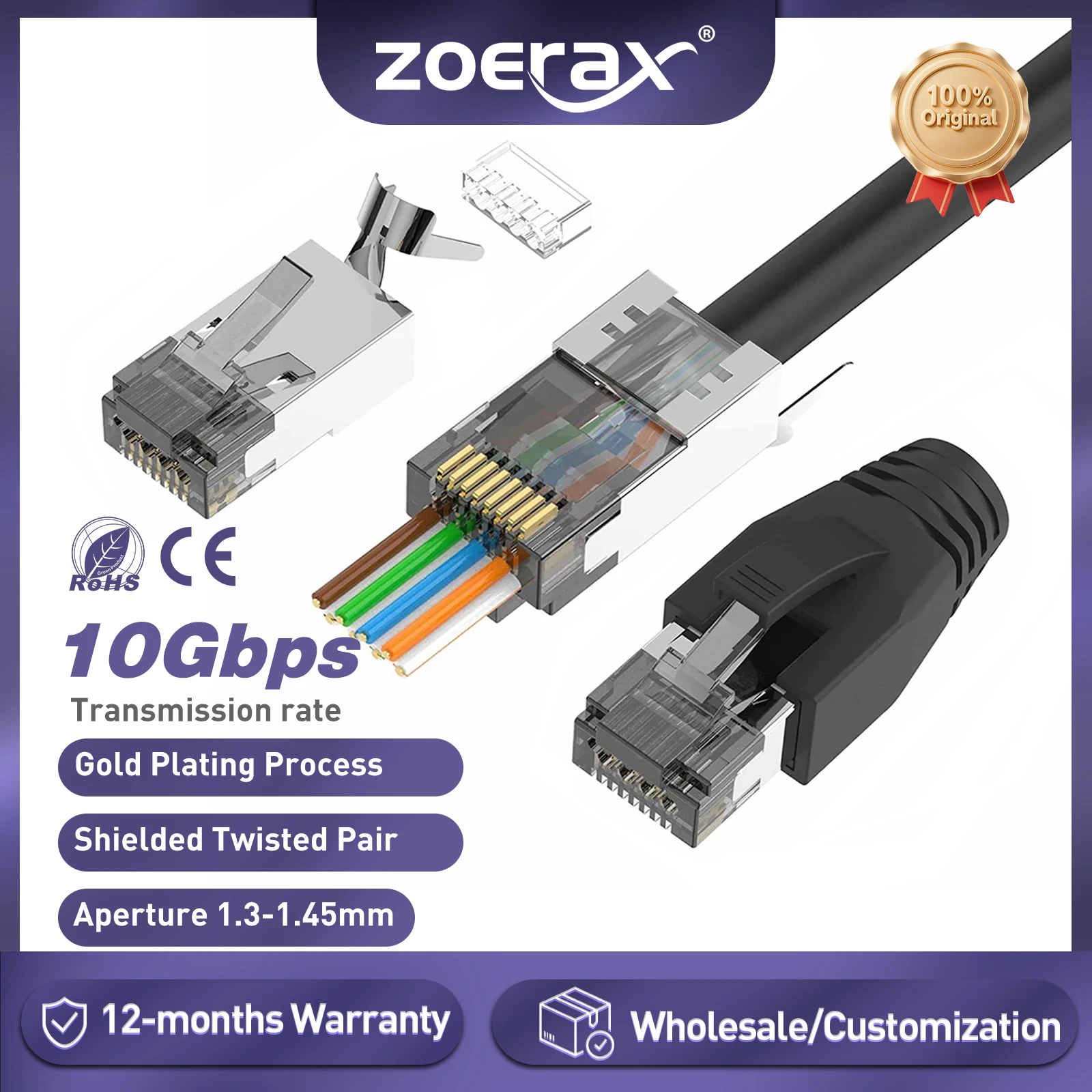 ZoeRax CAT6A CAT7 Connector, RJ45 Connectors Pass Through CAT6A CAT7 Shielded, 3-Prong with Strain Relief Boots Black