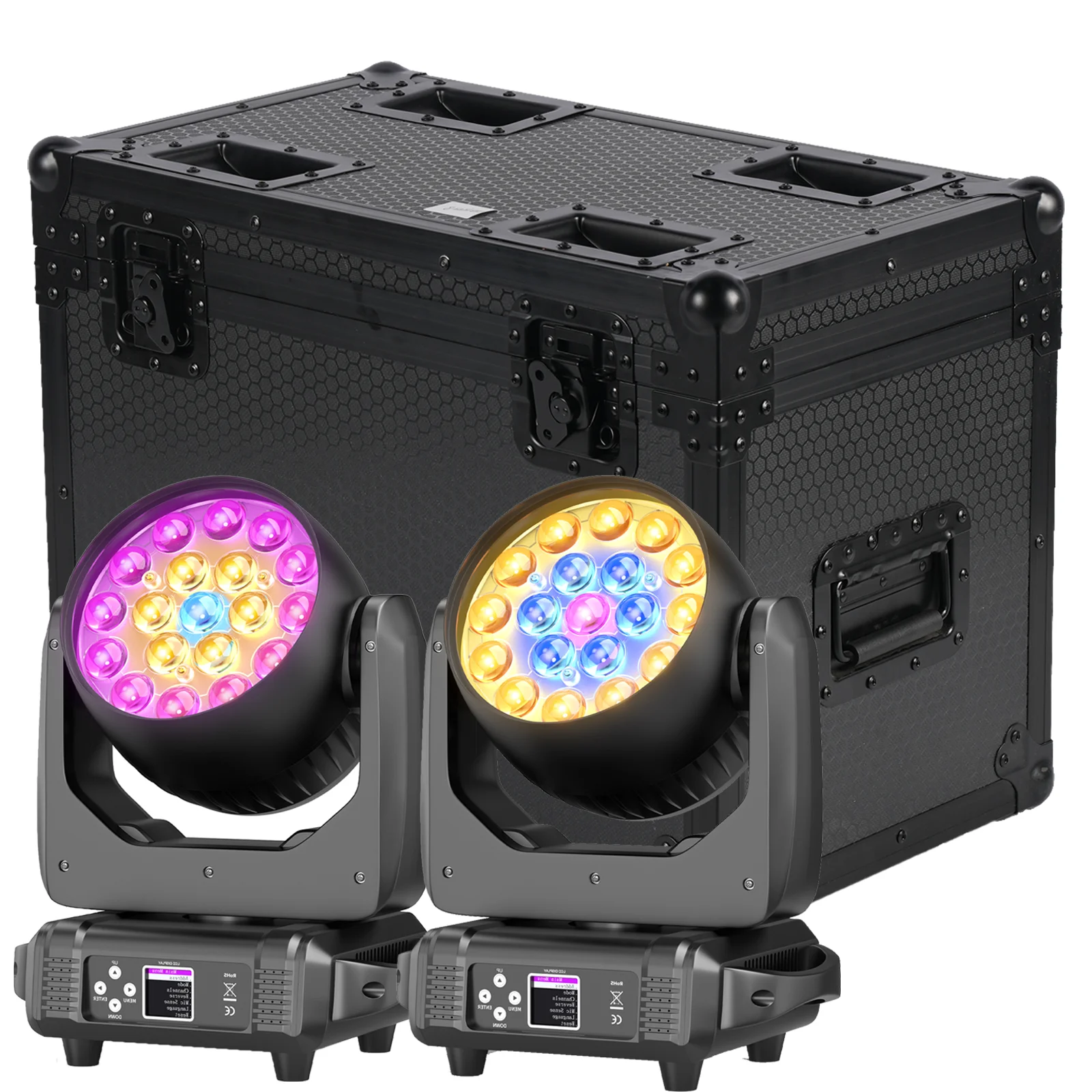 Yiflamefly 2er-Set Bee-Eye-Beam-Wash Moving Head Lights 19x15W RGBW LEDs Zoom Bühnenbeleuchtung mit Koffer-Set für Hochzeit, DJ-Party, Bar
