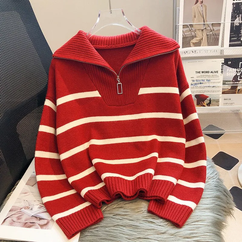 Fashion Zipper Stripe Knitted Sweaters Women Autumn Winter Korean Style Lapel Loose Pullover Knitwear Casual Versatile Tops