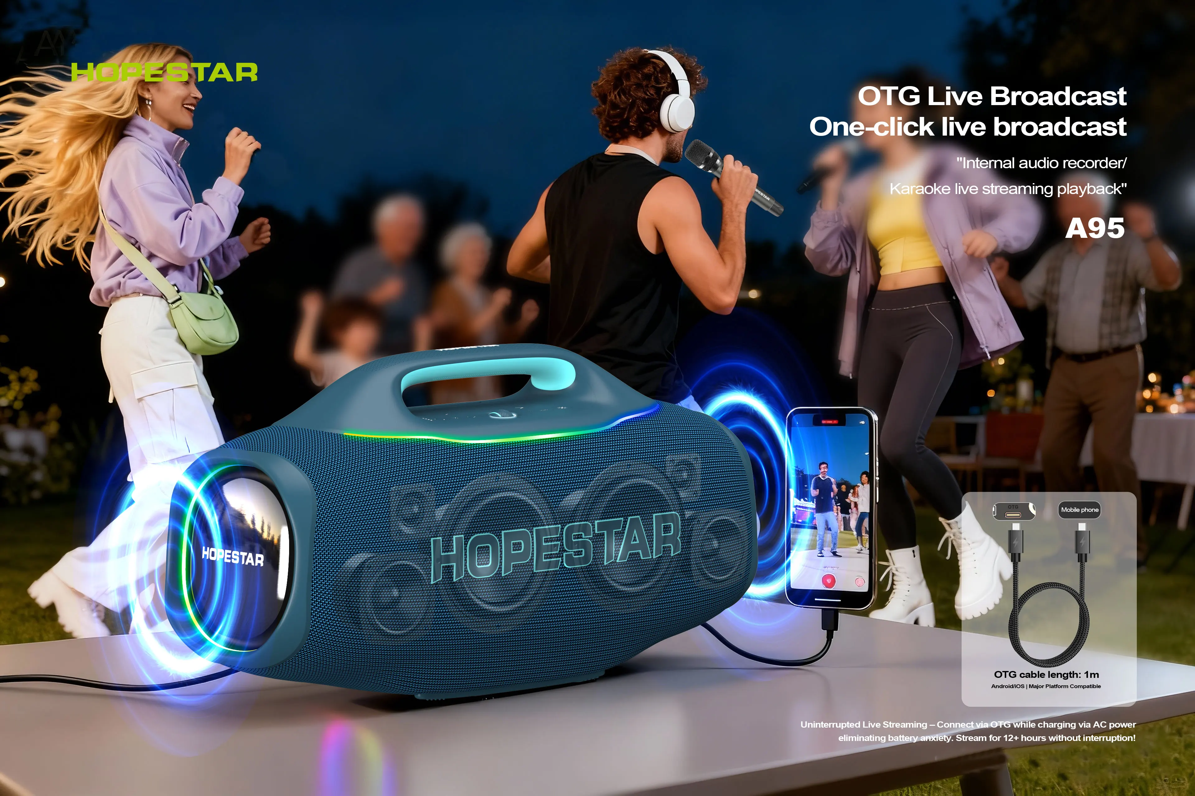 HOPESTAR A95 580W Portable  Speakerwith UHF Wireless Mic 40000mAh Battery OutdoorBoombox with RGB Light & AuraCast