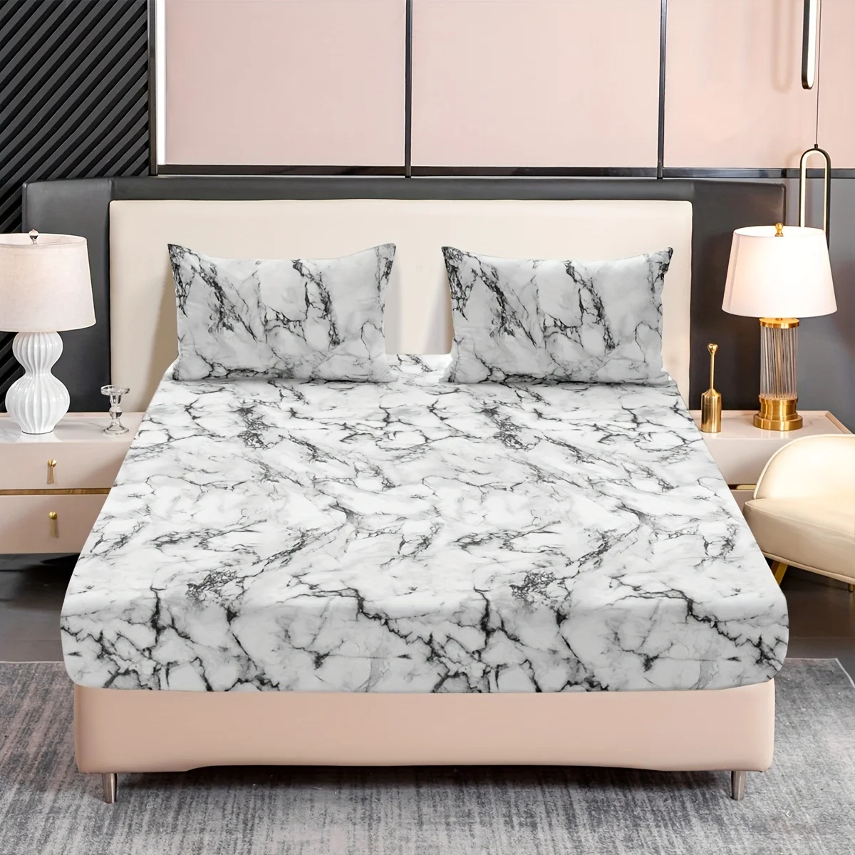 3-Piece Marble Print Fitted Sheet Set - Ultra Soft, Breathable Microfiber Fabric, Hypoallergenic, Wrinkle-Resistant, Easy Care -