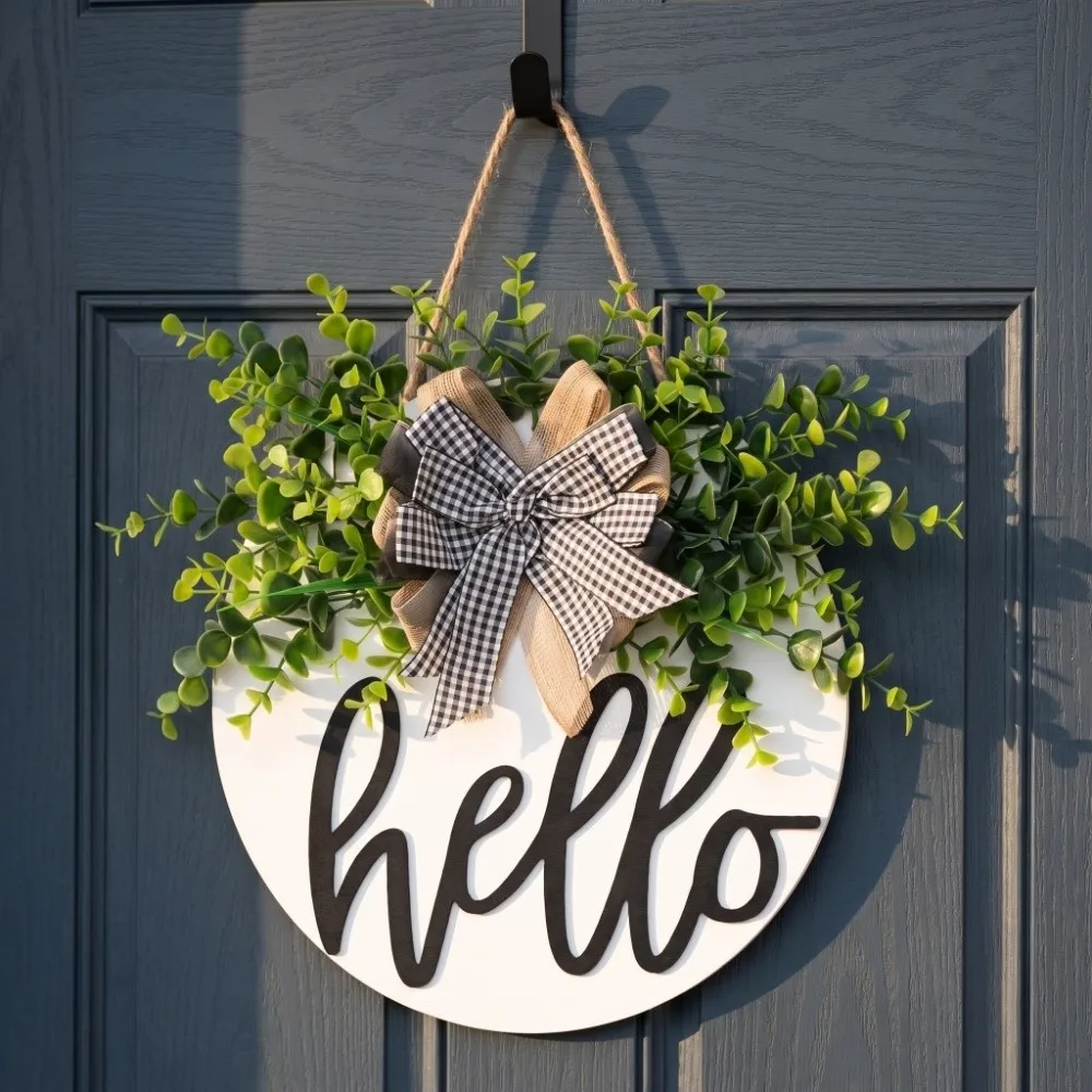 Garlands 30cm 11.81in Wooden Welcome Sign Artificial Plant Bowknot Door Wreath Welcome/Hello Round Shape Wall Art Front Door