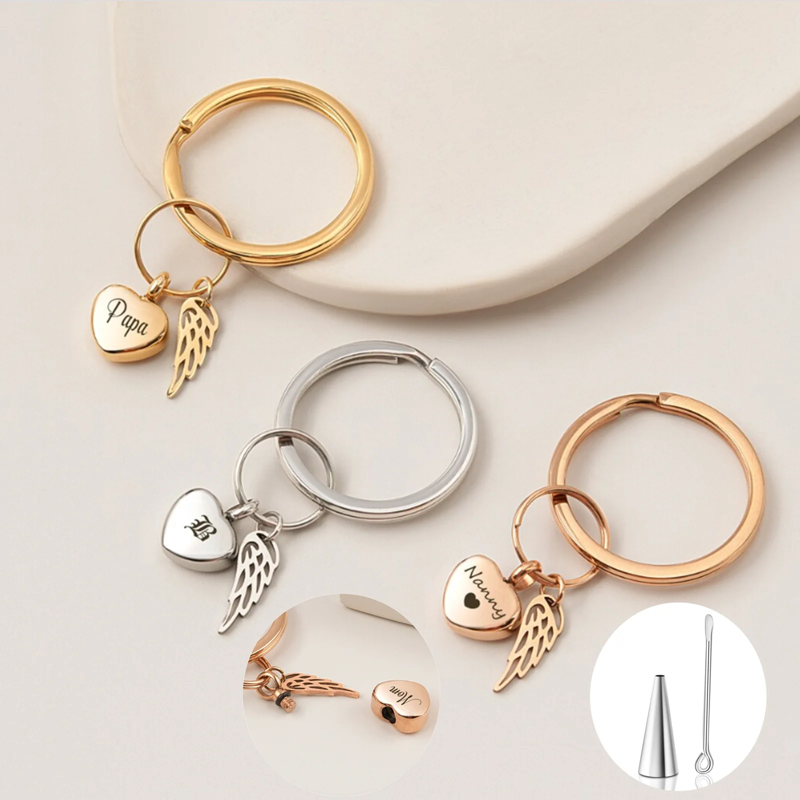 Personalized Stainless Steel Cremation Keychain for Human/Pet Ashes Mini Heart Urn with Angel Wing Keepsake Urn Keyring 3 Colors