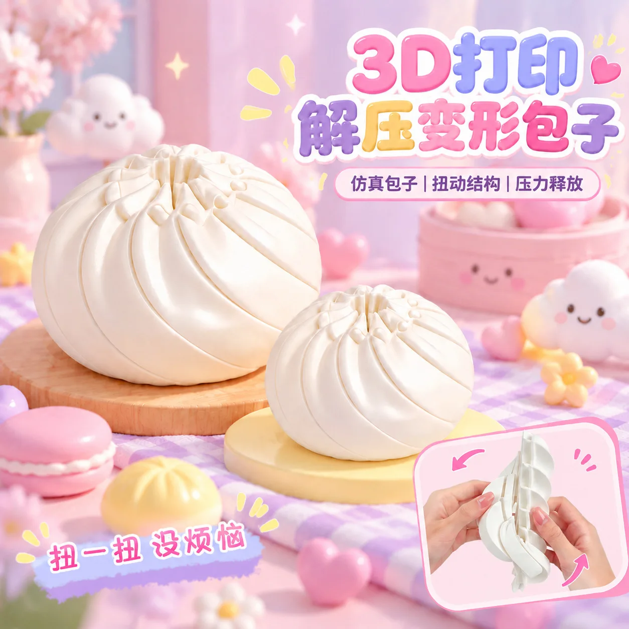 Creative 3D Printed Transformable Liquid Flow Steamed Stuffed Bun Stress Relief Toys Model Desktop Ornament Toys Funny Gifts