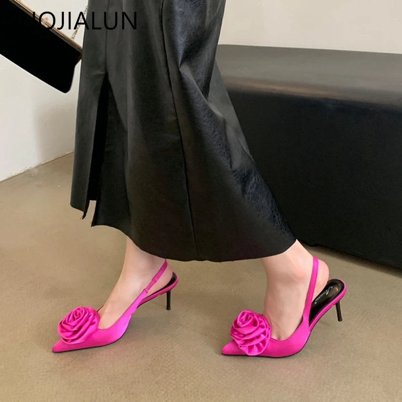 SUOJIALUN 2024 Spring New Brand Women Sandal Fashion Big Flower Ladies Elegant Slingback Shoes Thin High Heel Dress Pumps Shoes