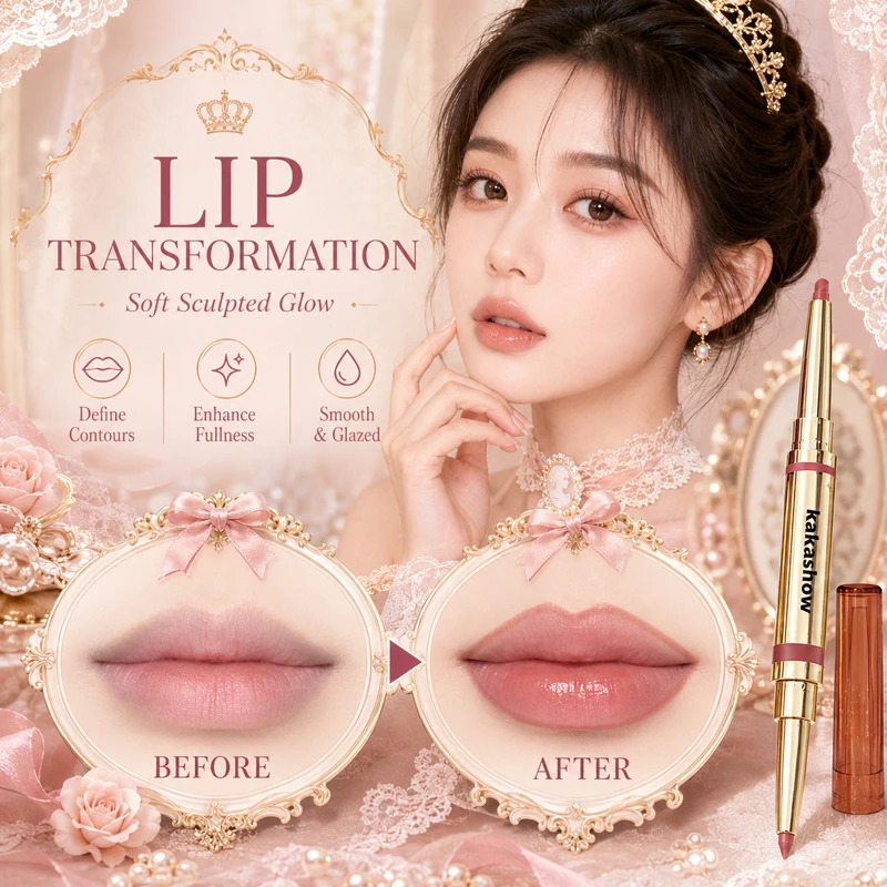 2 in 1 Dual Ended Lip Liner & Glossy Lipstick, Moisturizing Solid Lip Glaze, Long Lasting Waterproof Smudge Proof Lip Pencil Set