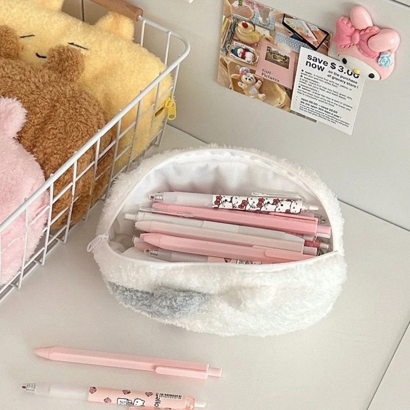 Kawaii boneka kucing susu kantong tempat pensil lucu ritsleting berbulu kapasitas besar tas pensil perlengkapan tas penyimpanan alat tulis sekolah