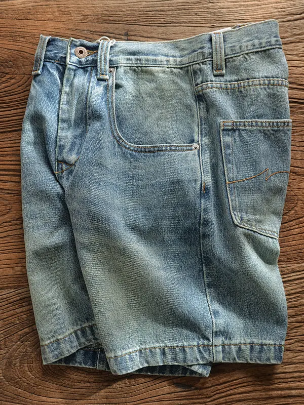 290# Summer New American Retro Heavyweight Denim Shorts Men's Amekaji 100% Cotton Washed Old Straight Casual Loose 5-point Pants