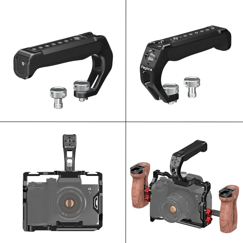 PULUZ Arri Metal Top Handle For Mirrorless Camera Cage Stabilizer Hand-held Grip with Dual Cold Shoe Bases + 1/4 & 3/8 Screw