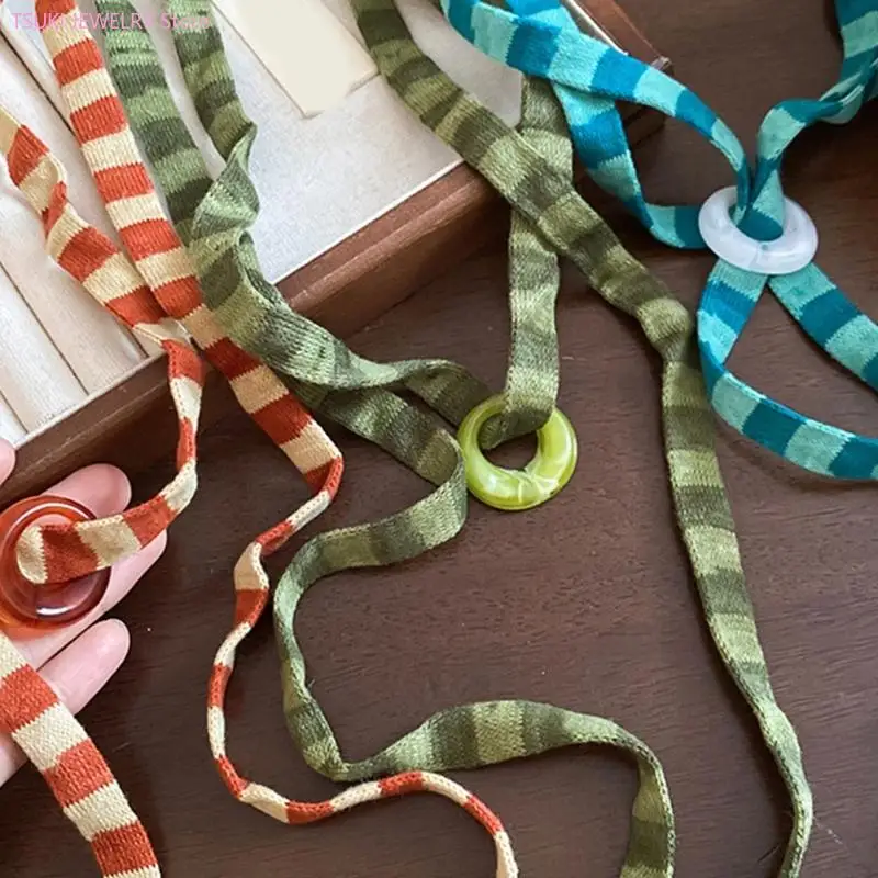 62KE Dopamine Stripe Cotton Cord Chokers Necklace Handmade For Women Trendy Jewelry Sensitive Skin Friendly
